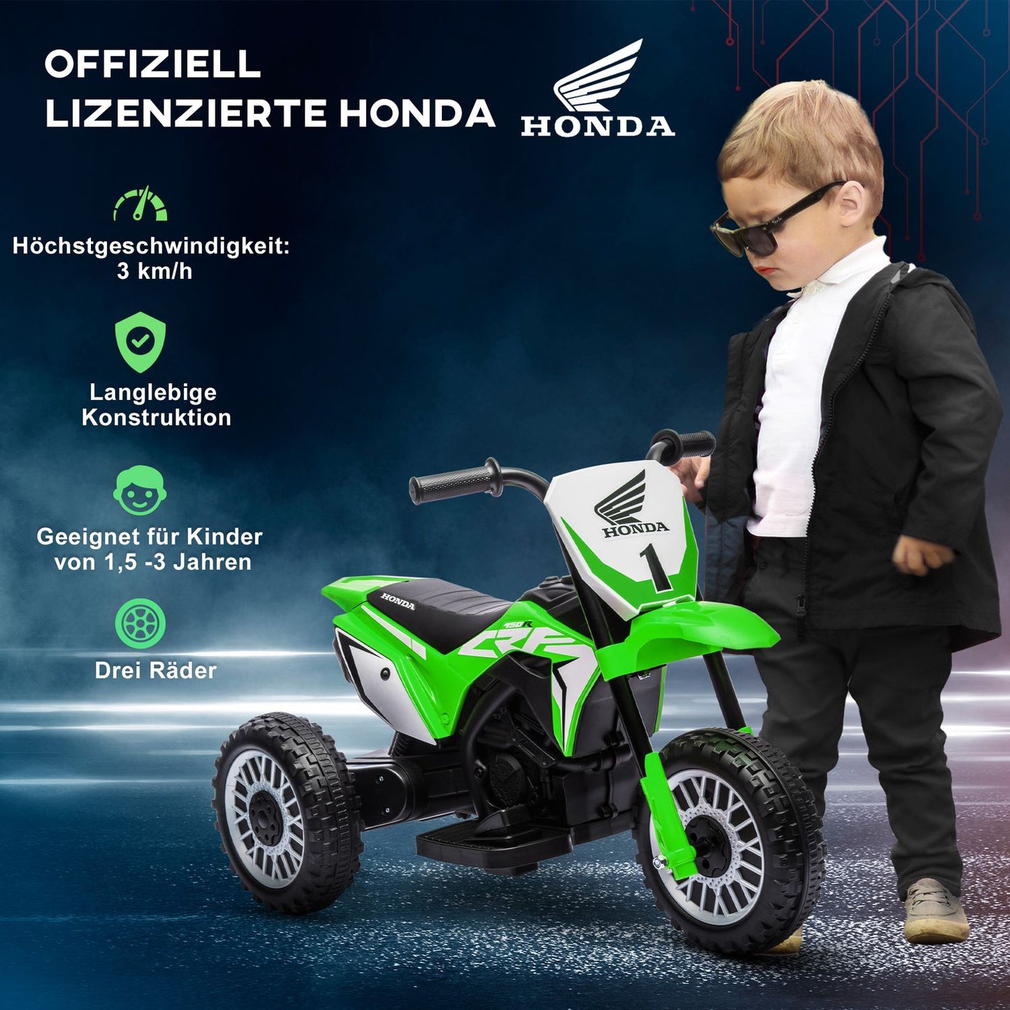 Electric motorcycle for children, green, 6V, with horn and music