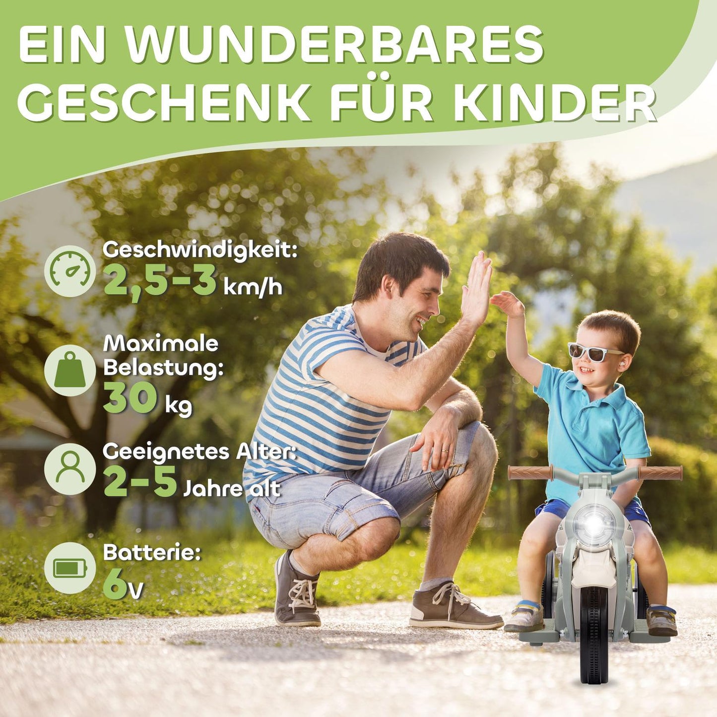 Children's electric motorcycle, 6V children's motorcycle with music, blowing 2.5-3 km/h, for 2-5 year old children