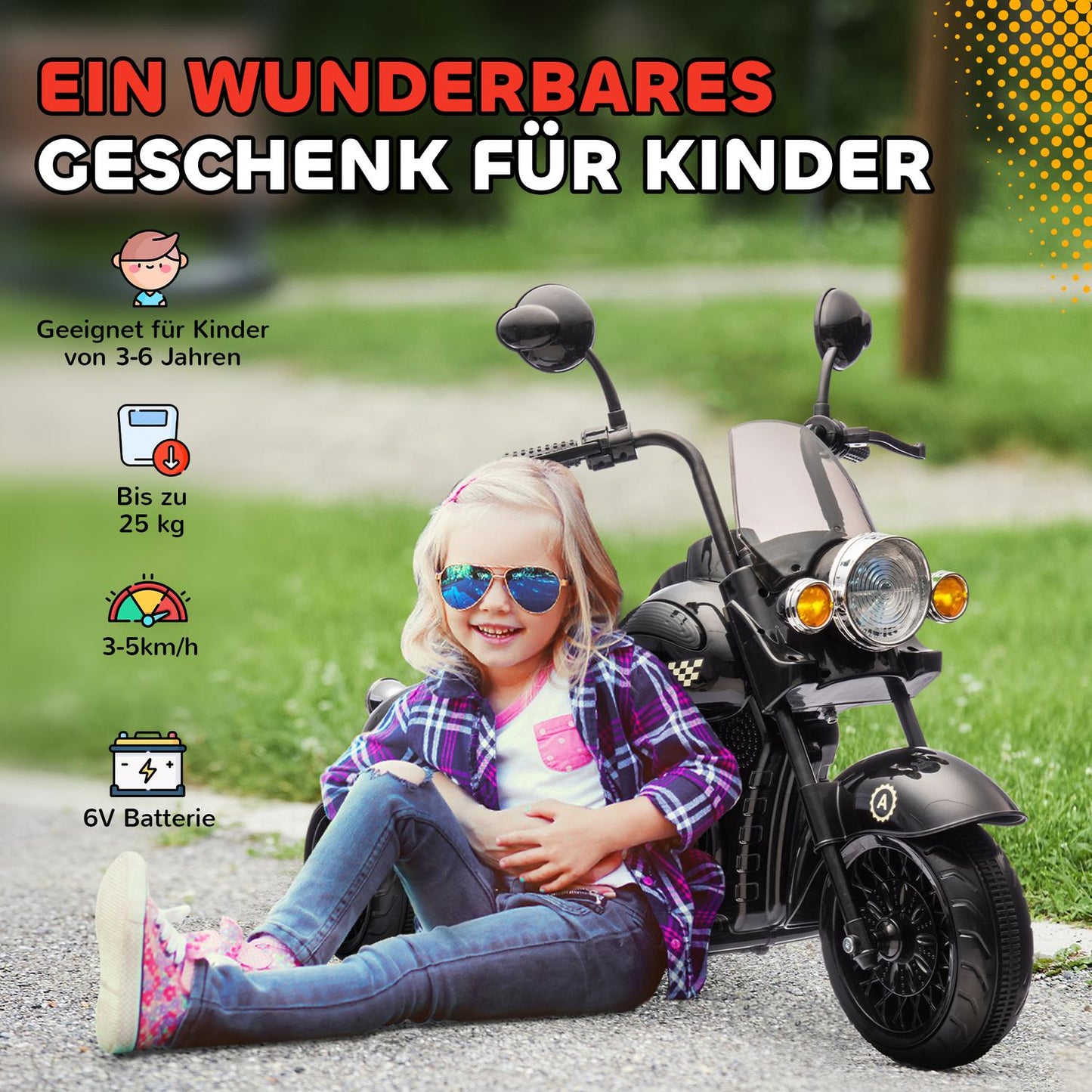 Electric motorcycle for children, 6V, LED, 3-6 years, Black