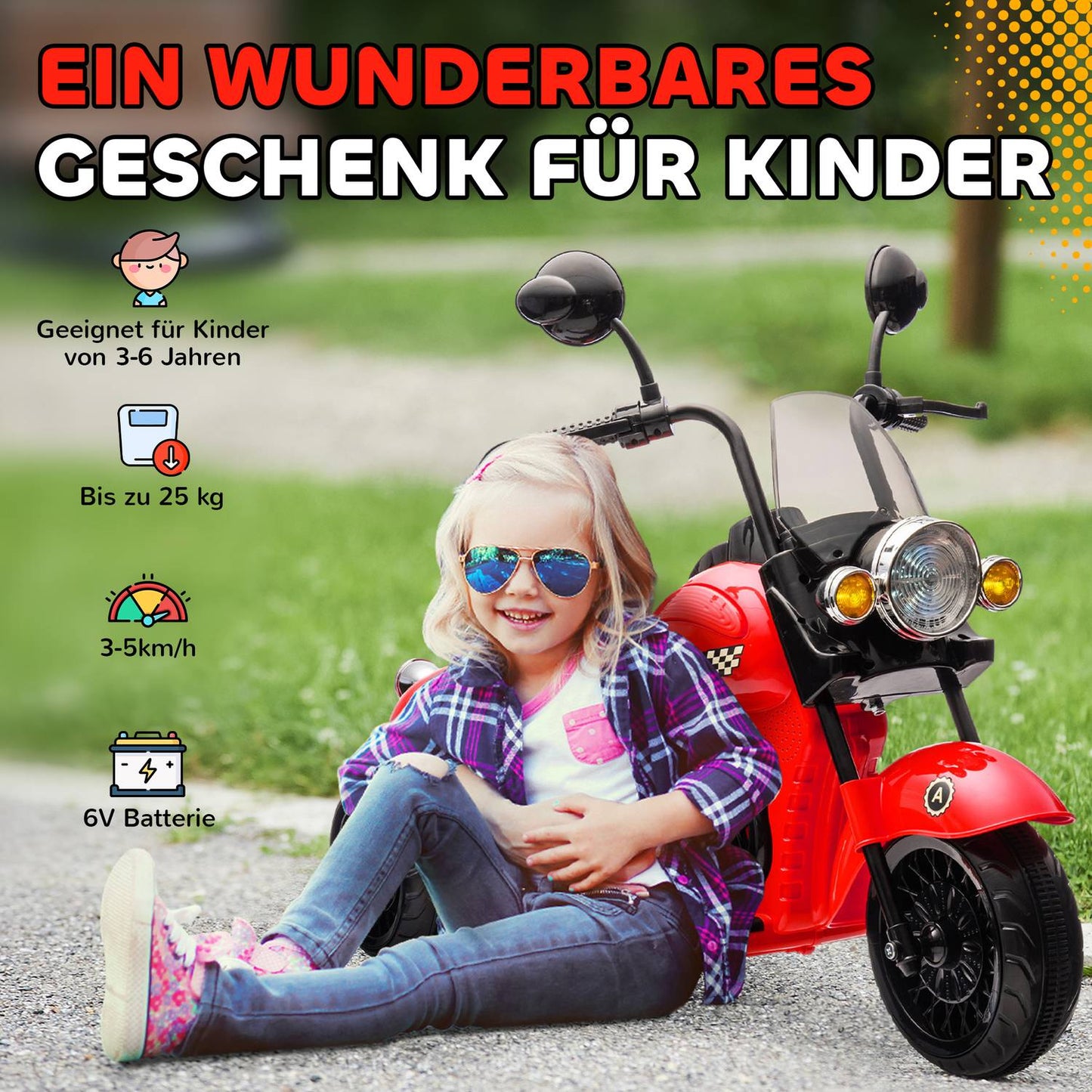 Electric motorcycle for children, LED, Music, 3-6 years, Red