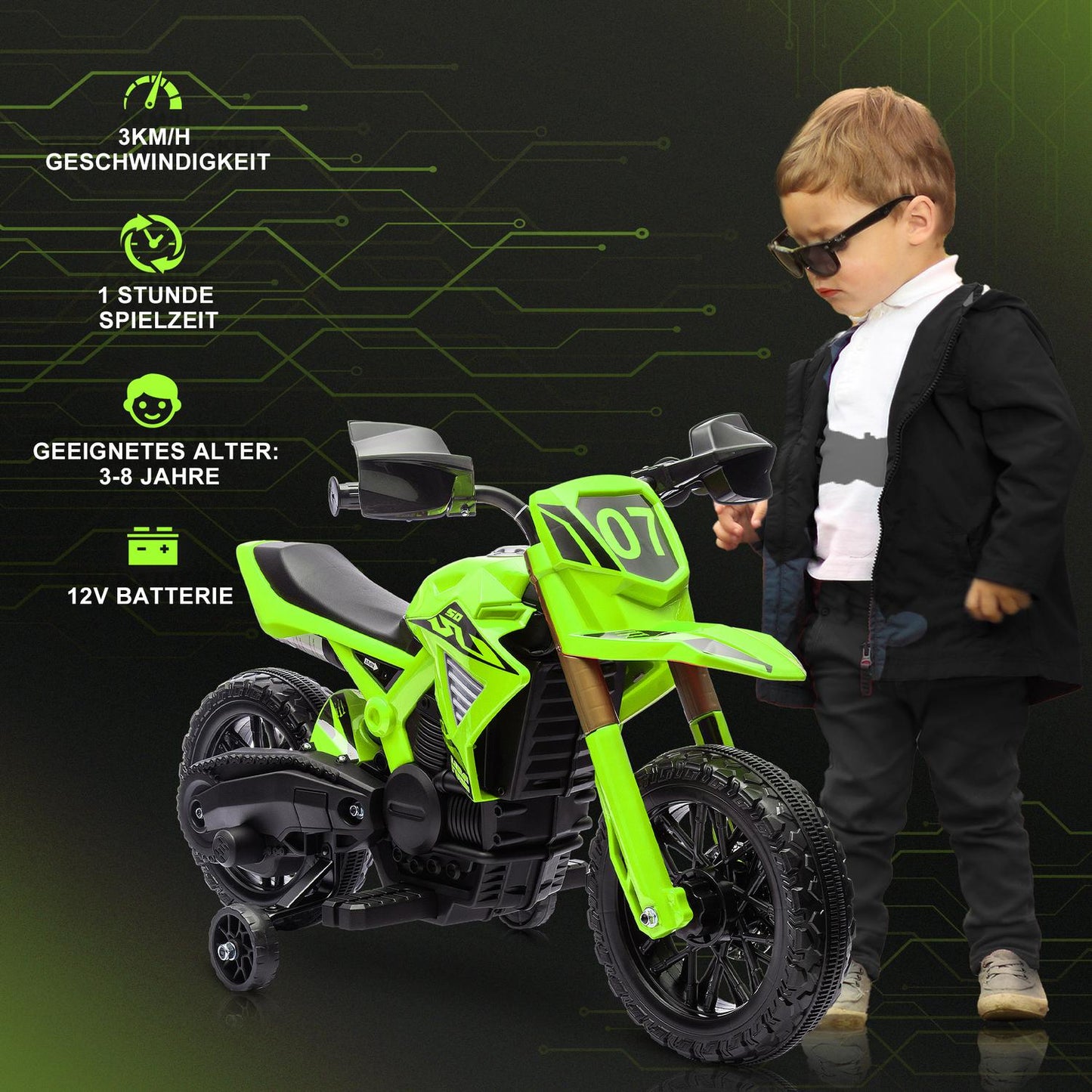 Children's 6V electric motorcycle with training wheels - green