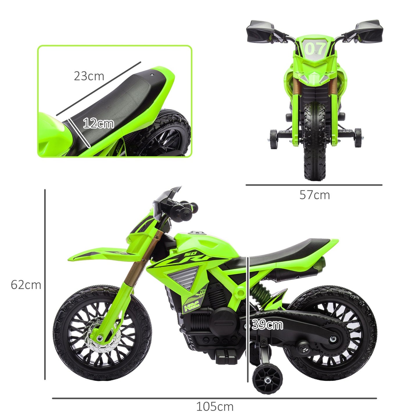 Children's 6V electric motorcycle with training wheels - green