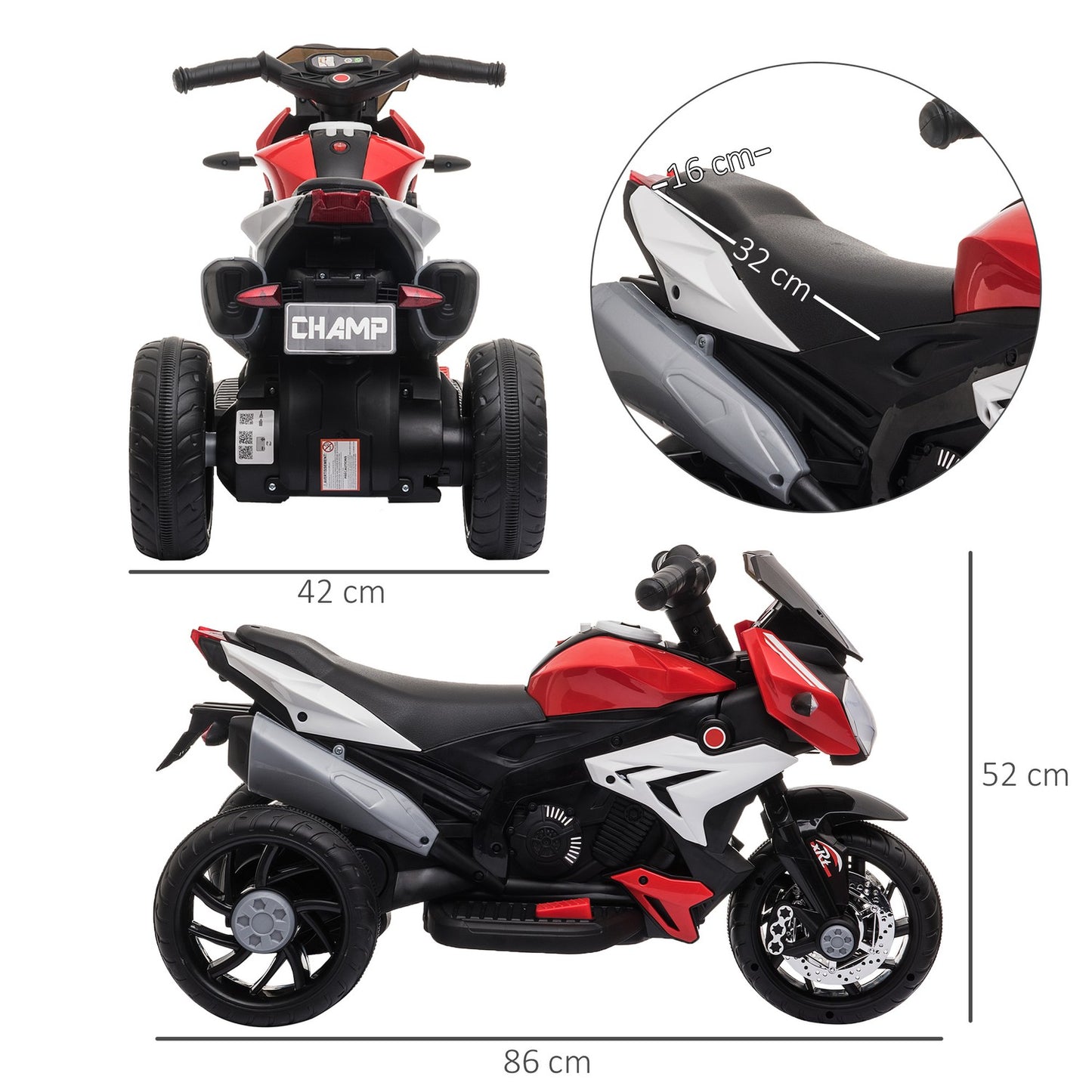Children's 6V electric motorcycle, music & light, black/red