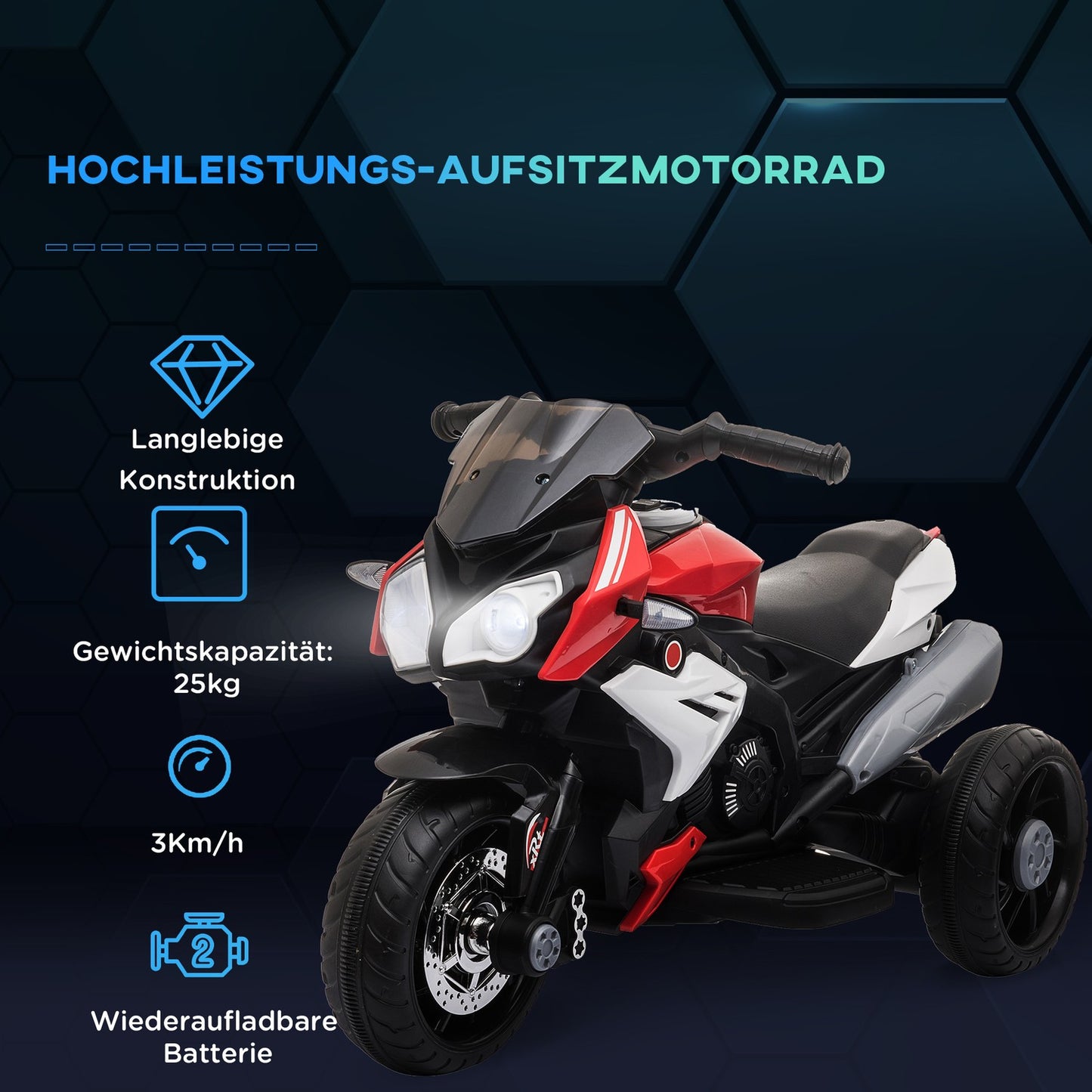 Children's 6V electric motorcycle, music & light, black/red