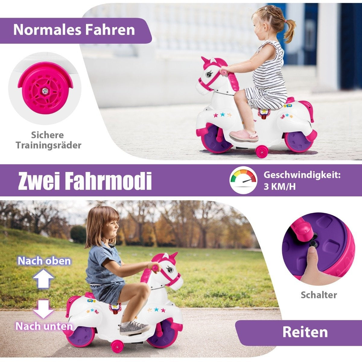 Children's electric motorcycle with music &amp; LED &amp; Electric motorcycle with training wheels for children aged 3 and over pink