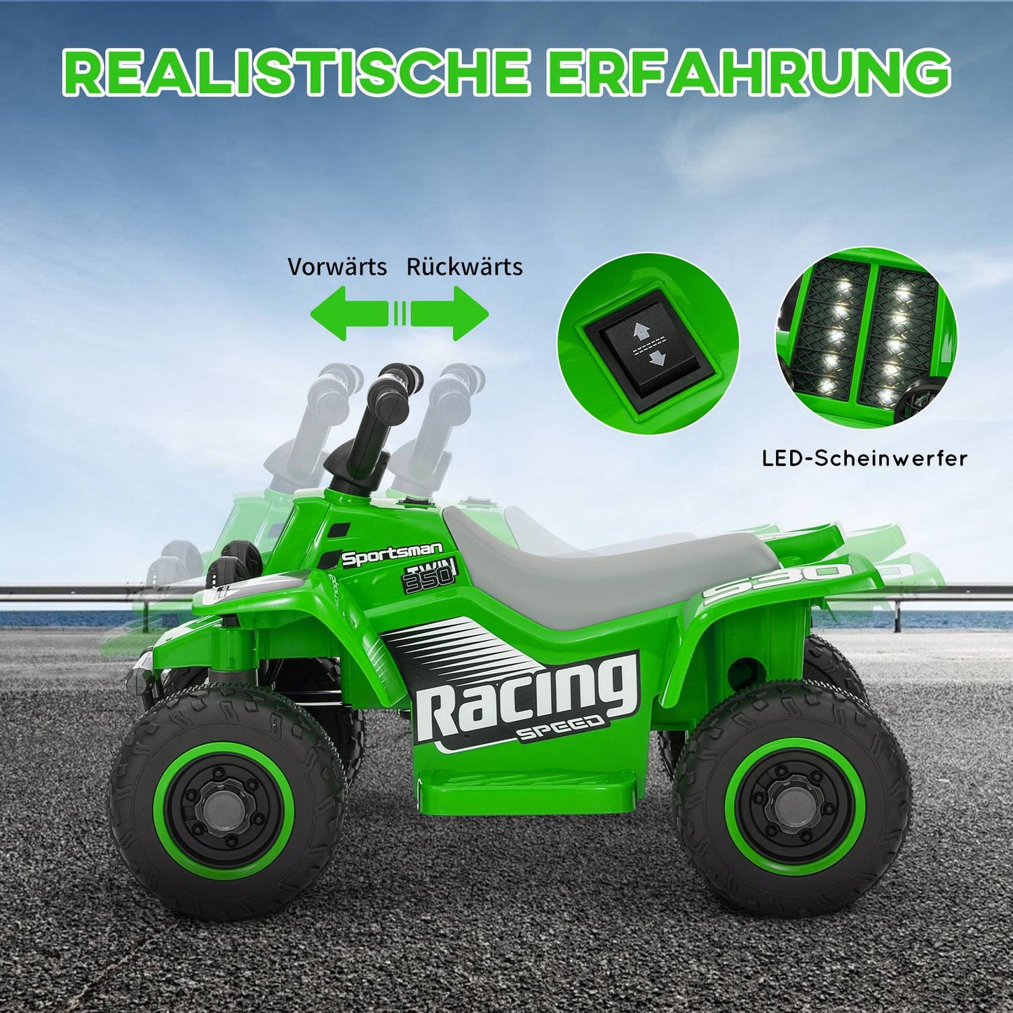 Electric quad bike for children, forward and backward, LED, green