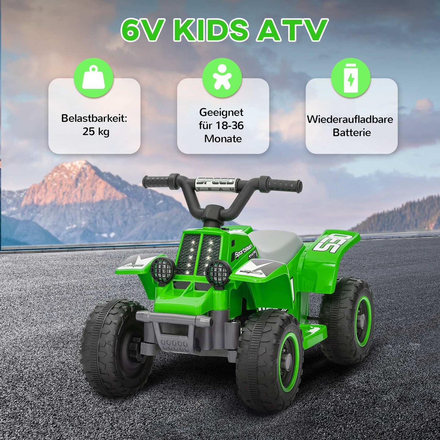 Electric quad bike for children, forward and backward, LED, green