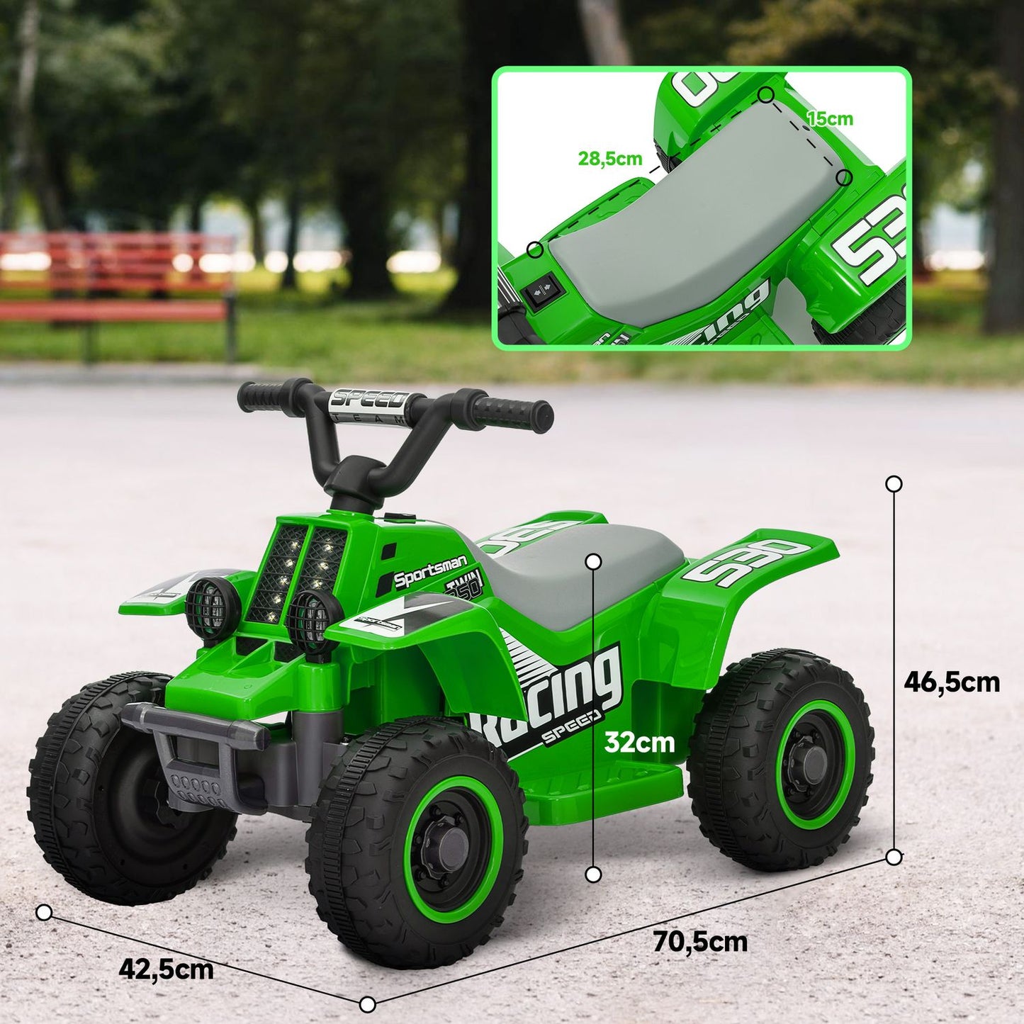 Electric quad bike for children, forward and backward, LED, green