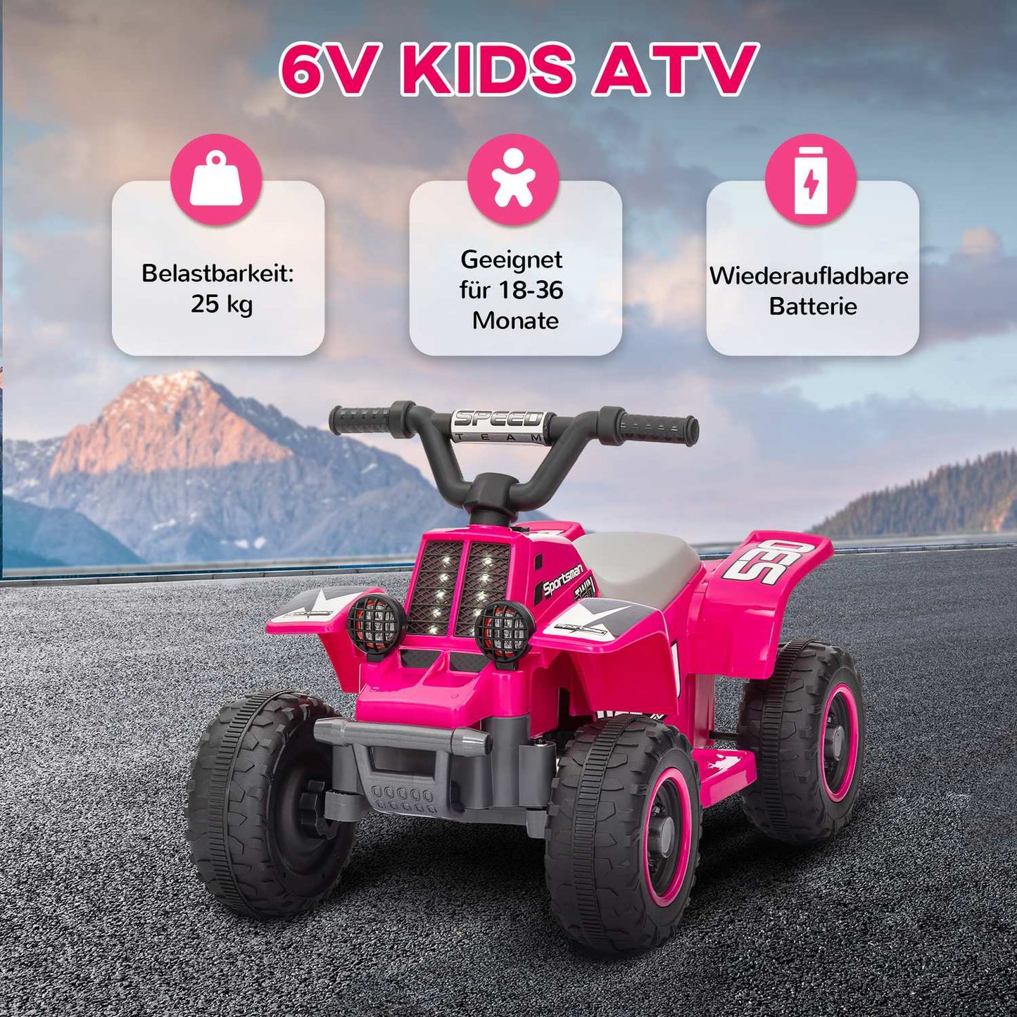 Electric quad bike for children with LED and horn, pink, 1.5-3 years