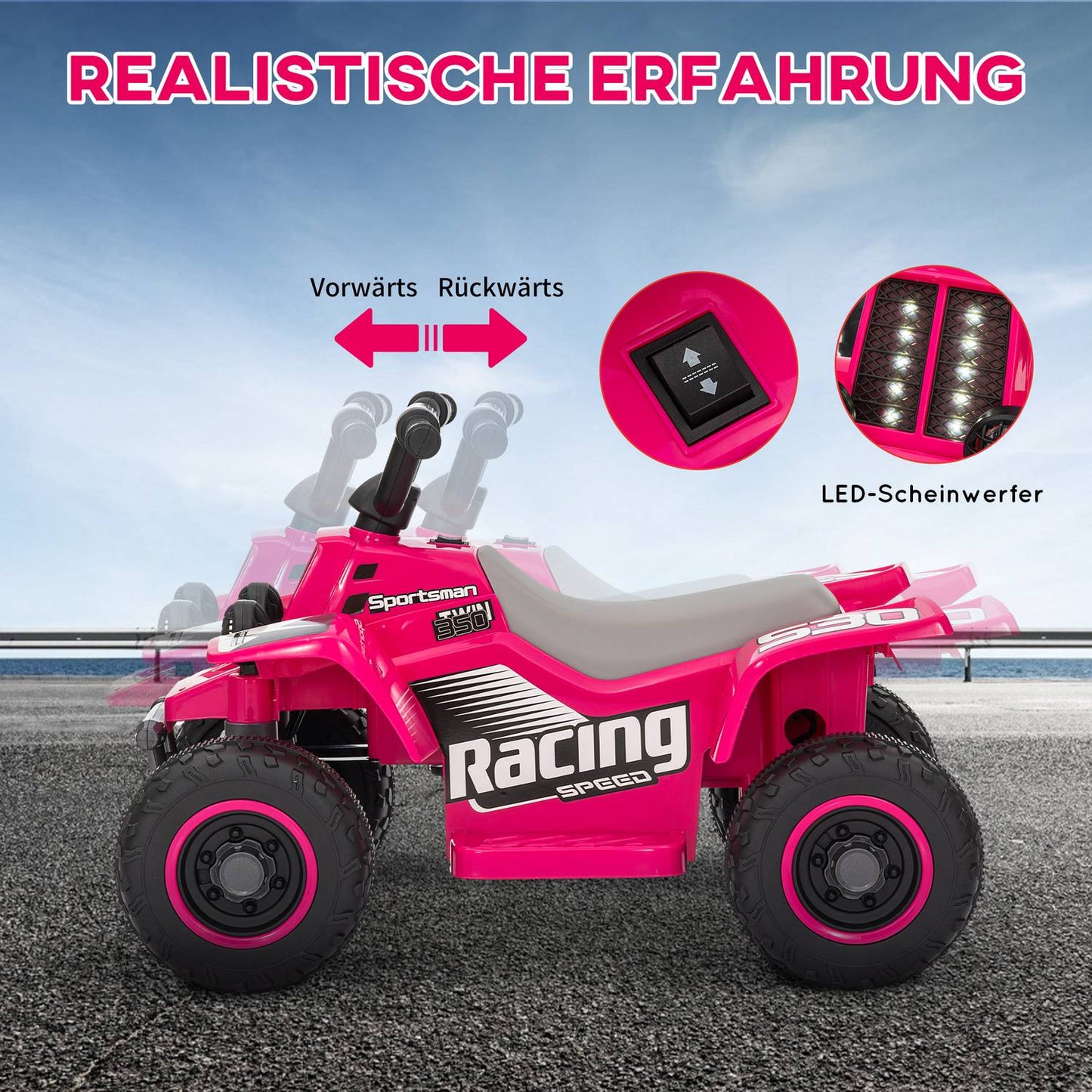 Electric quad bike for children with LED and horn, pink, 1.5-3 years