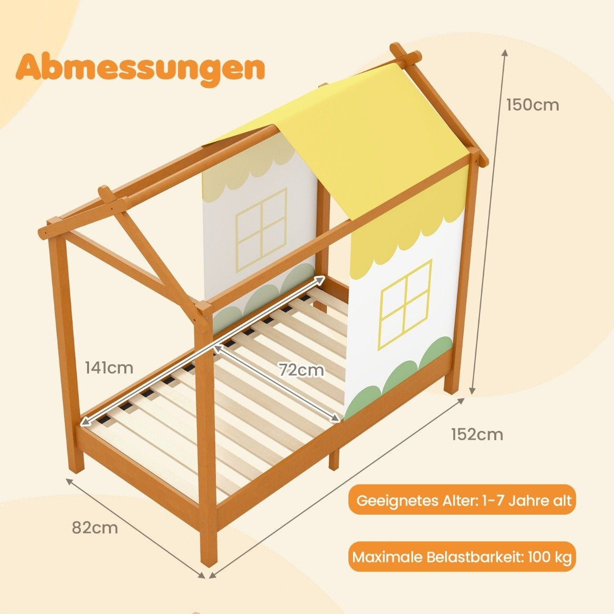 Children's house bed with roof & removable bed canopy & 12 solid wood slats floor bed frame