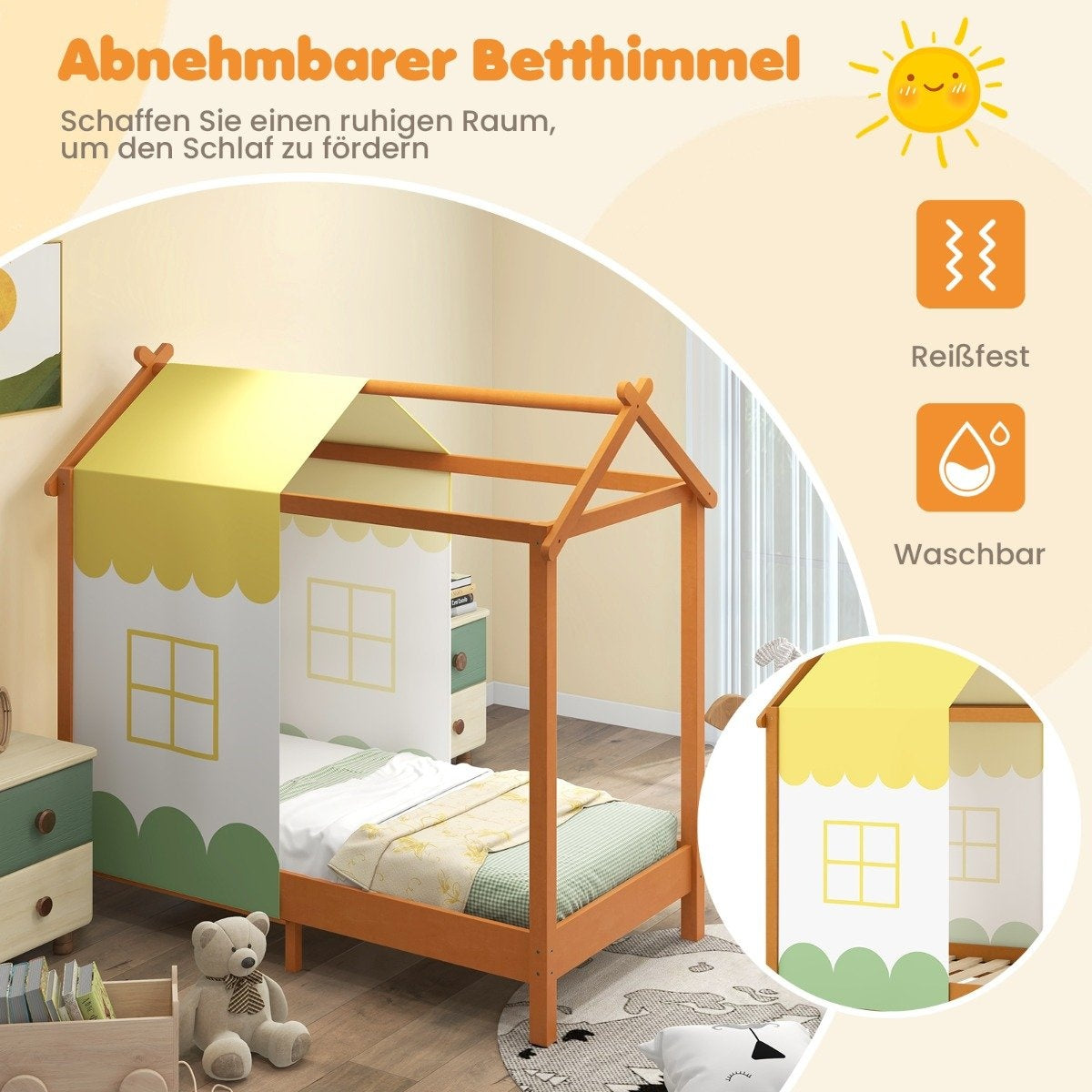 Children's house bed with roof & removable bed canopy & 12 solid wood slats floor bed frame