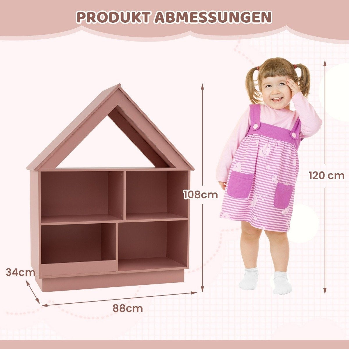 Children's house-shaped bookcase, wooden children's shelf with 5 compartments, 88 x 34 x 108 cm, pink