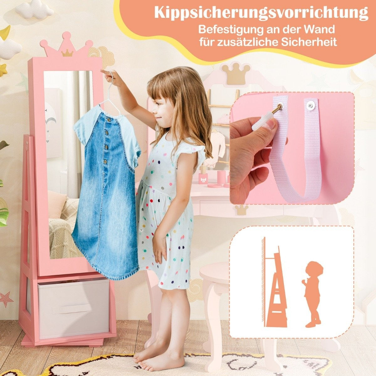 Children's jewelry cabinet 2 in 1 tilting mirror cabinet with full-length mirror 31.5 x 30 x 115 cm pink