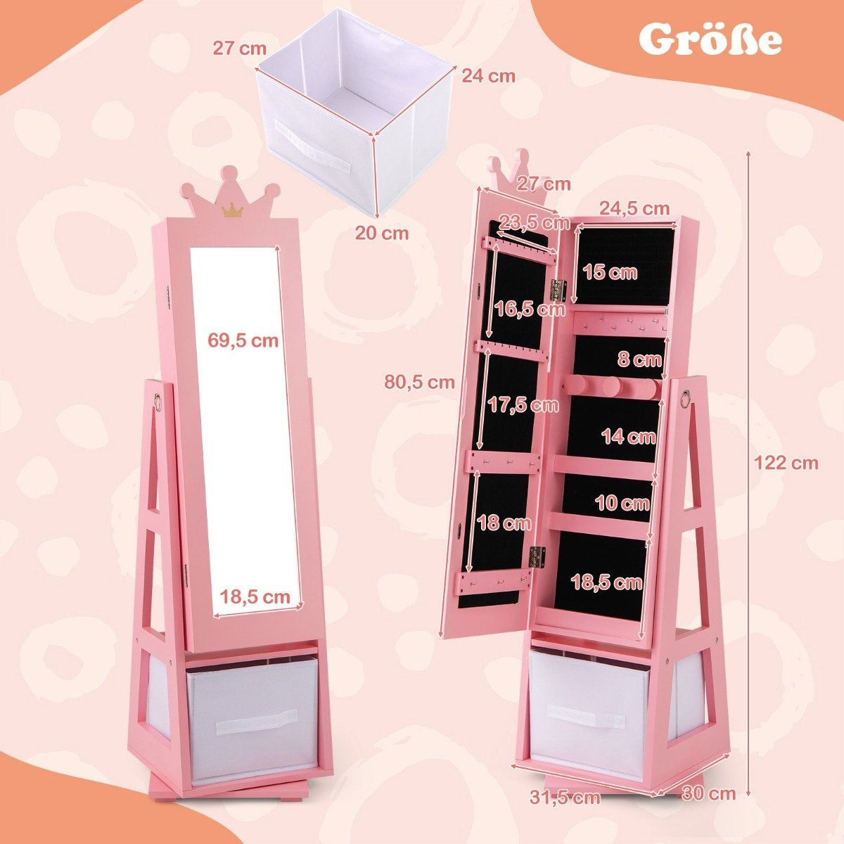 Children's jewelry cabinet 2 in 1 tilting mirror cabinet with full-length mirror 31.5 x 30 x 115 cm pink