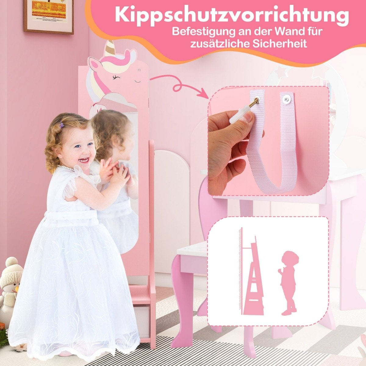 Children's jewelry cabinet 2 in 1 tilting mirror cabinet with full-length mirror pink