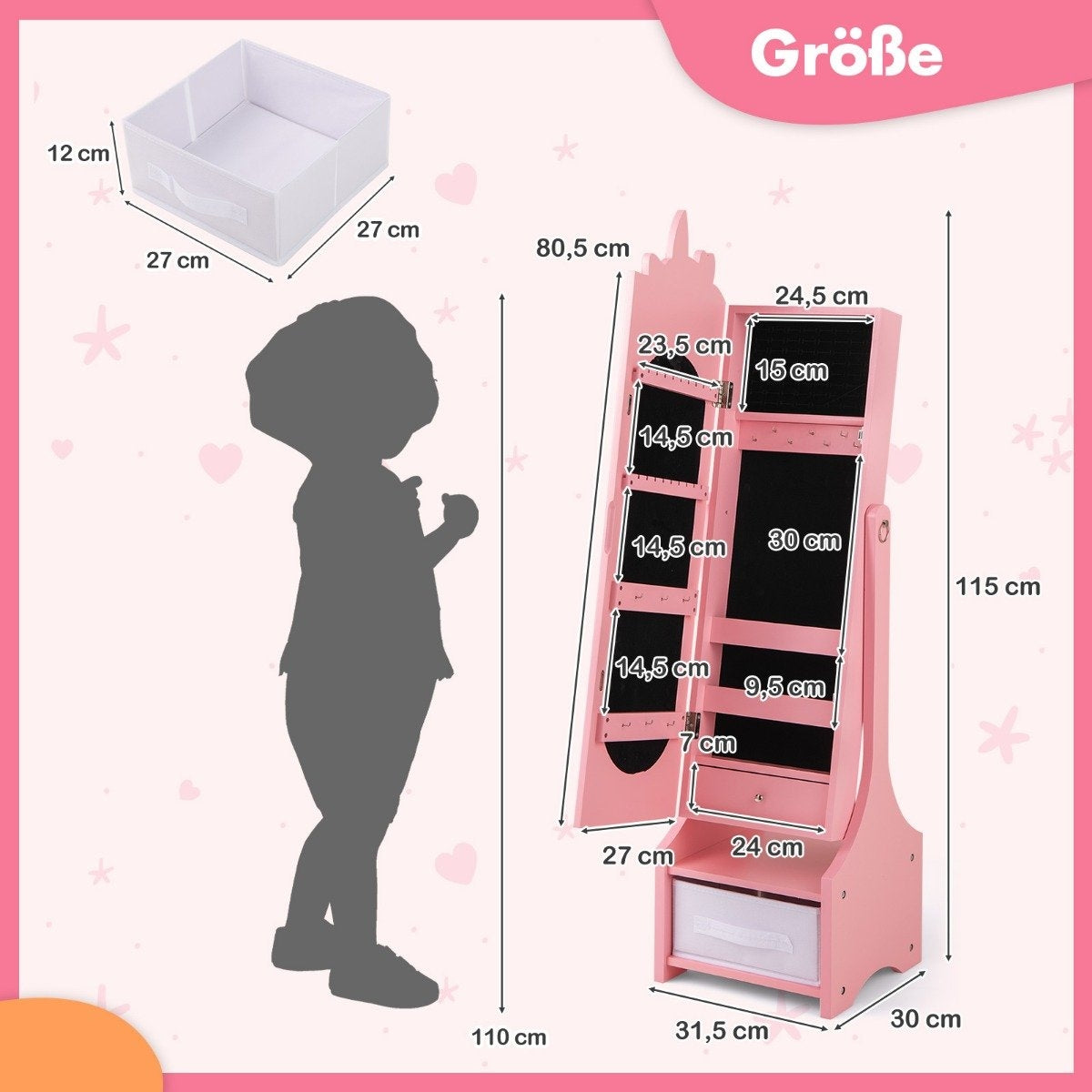 Children's jewelry cabinet 2 in 1 tilting mirror cabinet with full-length mirror pink