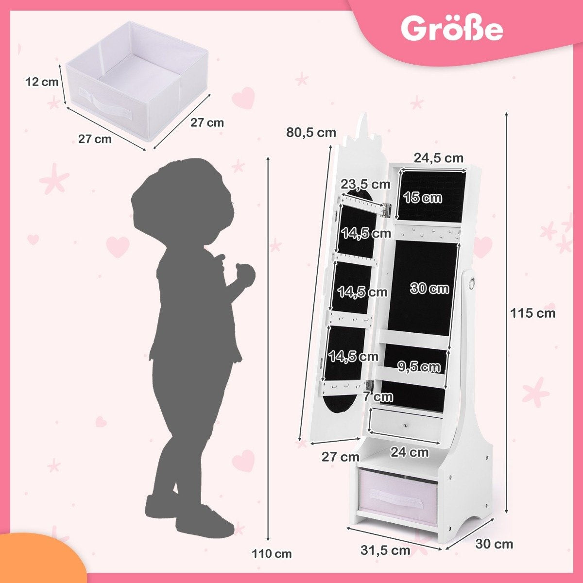 Children's jewelry cabinet 2 in 1 tilting mirror cabinet with full-length mirror white