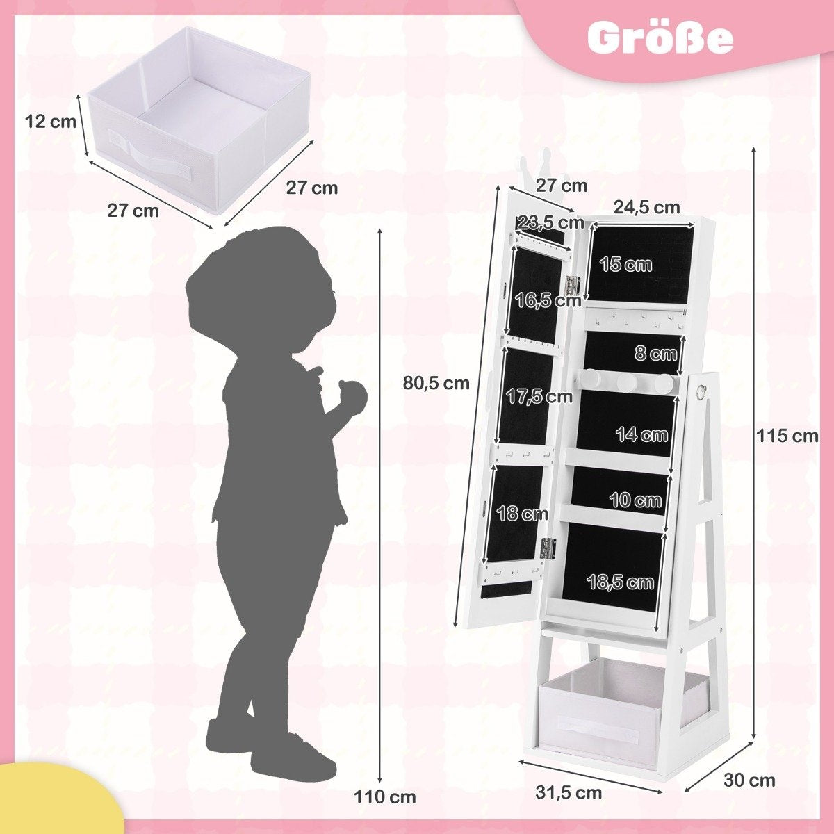 Children's jewelry cabinet 3 in 1 tiltable mirror cabinet with full-length mirror white