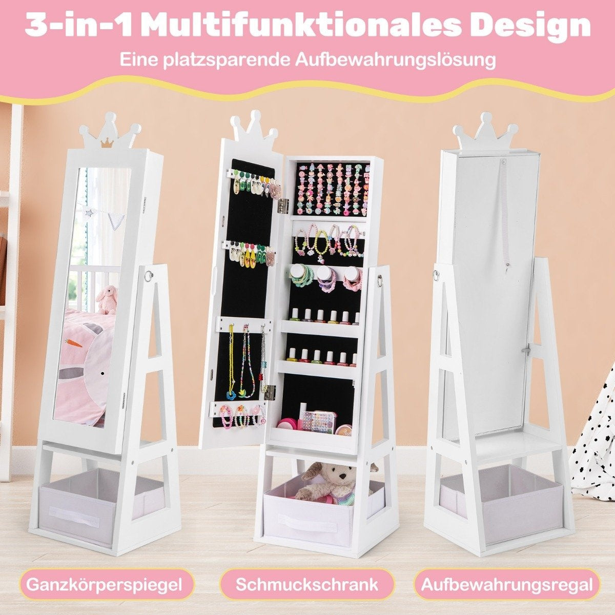 Children's jewelry cabinet 3 in 1 tiltable mirror cabinet with full-length mirror white