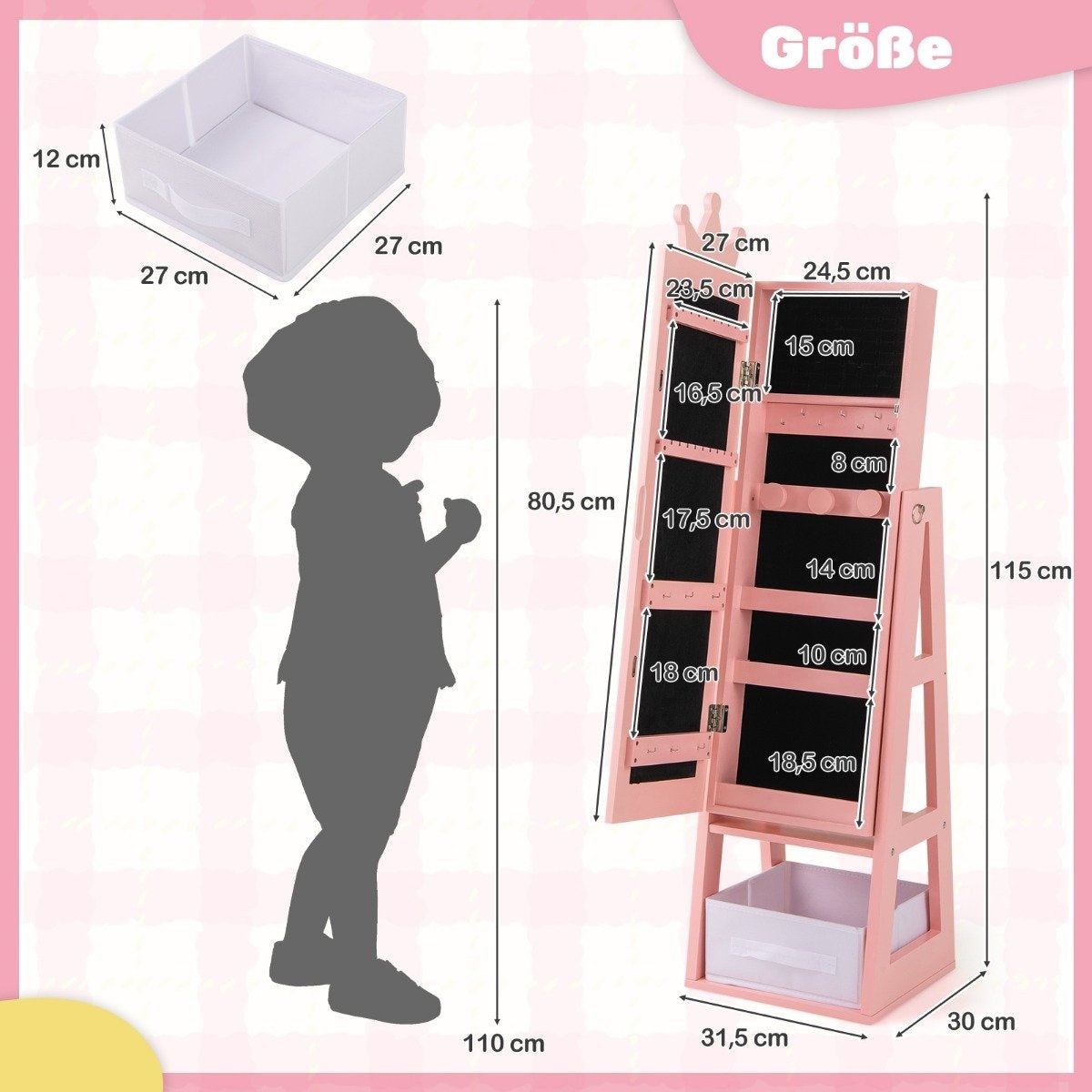 Children's jewelry cabinet 3 in 1 tilting mirror cabinet with full-length mirror pink