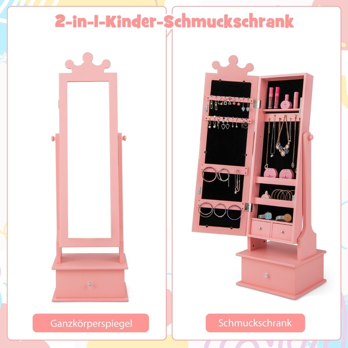 Children's jewelry cabinet with full-length mirror & 2 tilt angles & 3 drawers pink