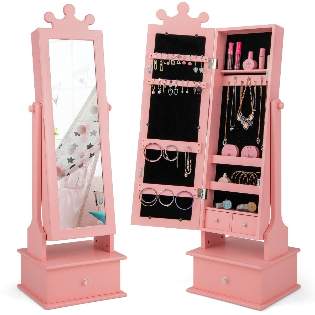 Children's jewelry cabinet with full-length mirror & 2 tilt angles & 3 drawers pink