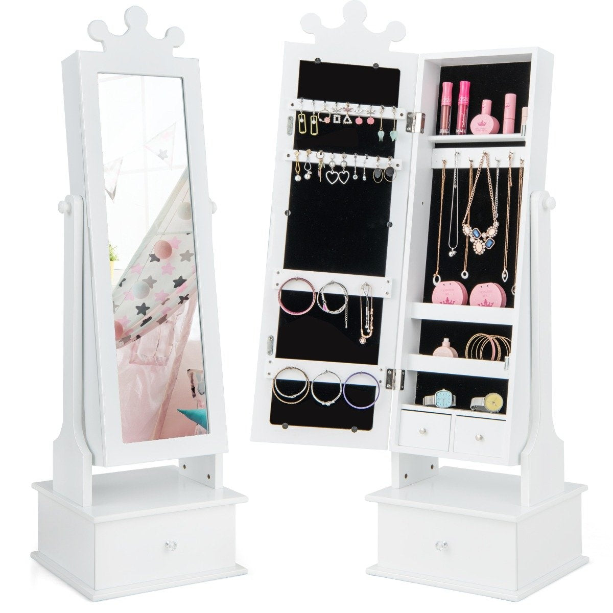 Children's jewelry cabinet with full-length mirror & 2 tilt angles & 3 drawers white