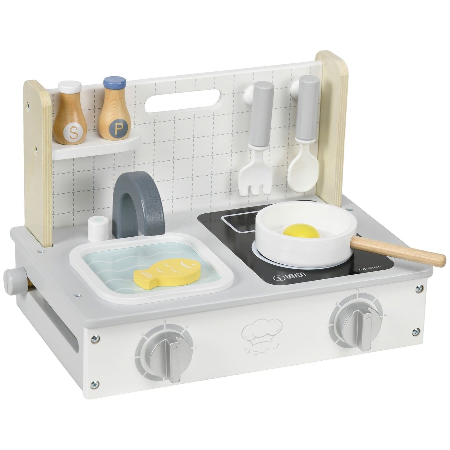 Kitchen set for children, 10-piece kitchen utensils and food, gray