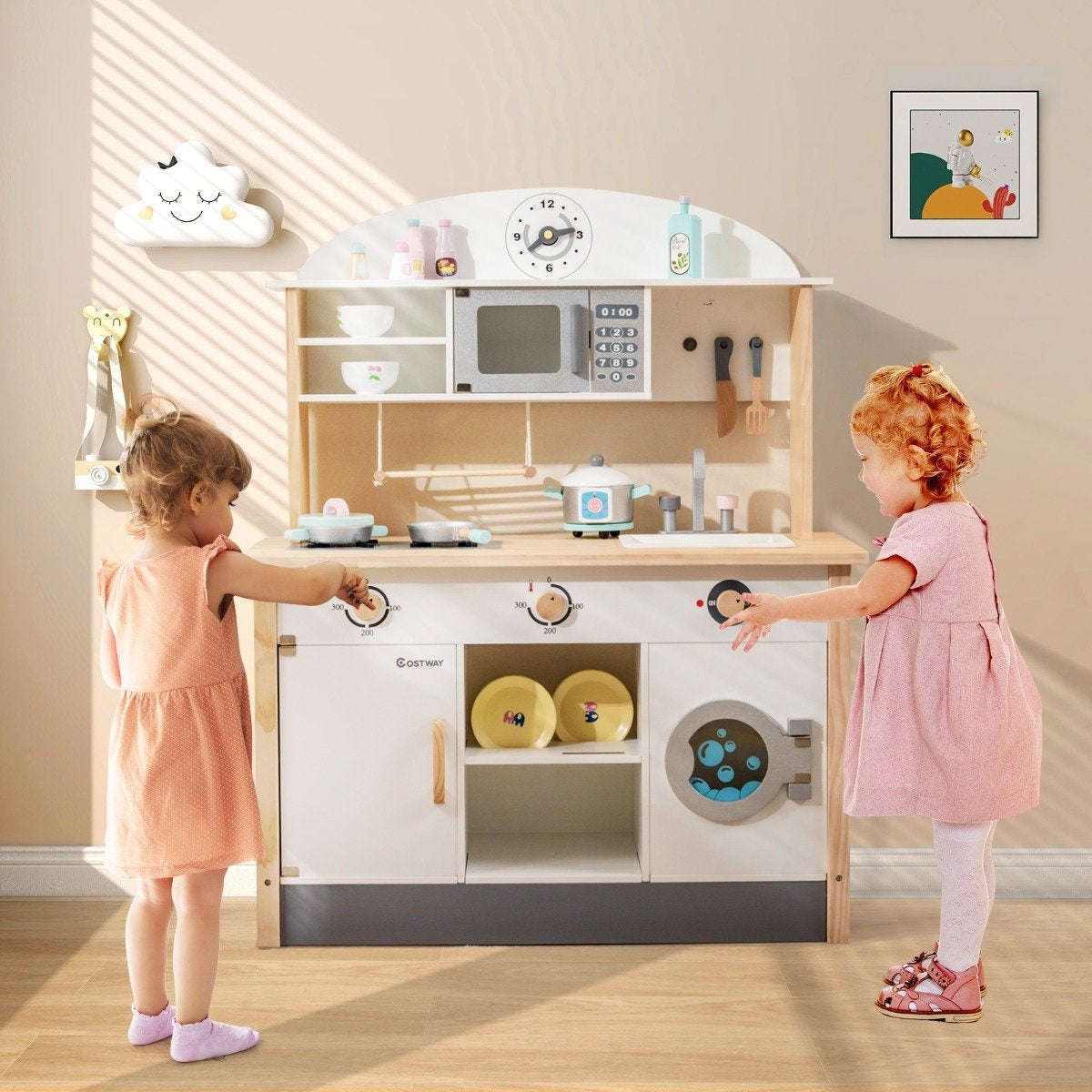 Children's kitchen made of wood including 17 accessories with microwave & washing machine & stoves white