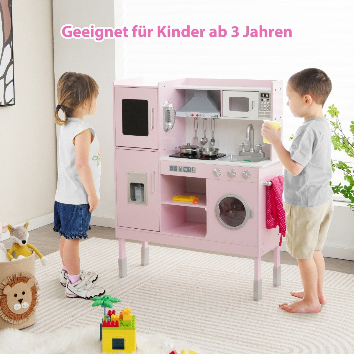 Children's kitchen made of wood with 16 play accessories for children aged 3 and over. 83 x 29 x 103 cm pink