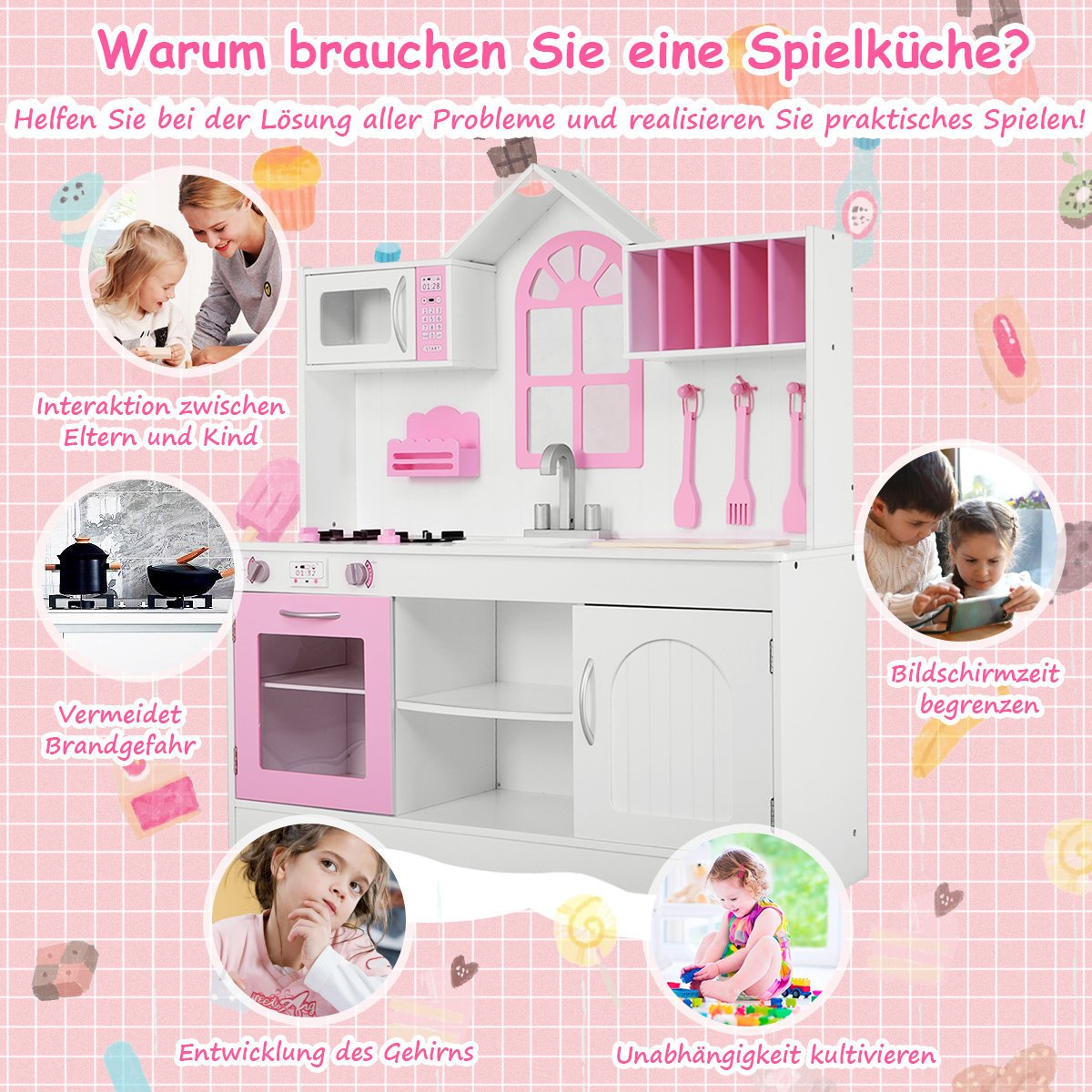 Children's kitchen play kitchen made of wood with sink & hooks & oven & microwave pink & white
