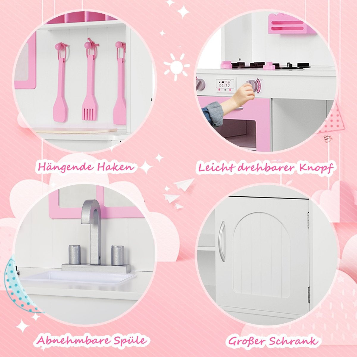Children's kitchen play kitchen made of wood with sink & hooks & oven & microwave pink & white