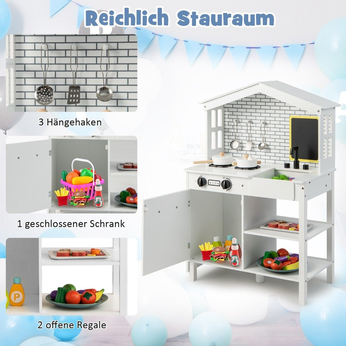 Children's kitchen play kitchen set made of wood with additional board 62 x 33 x 90 cm white