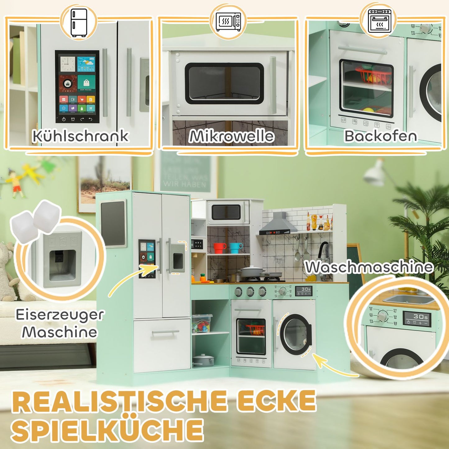Play kitchen for children with blackboard and realistic functions