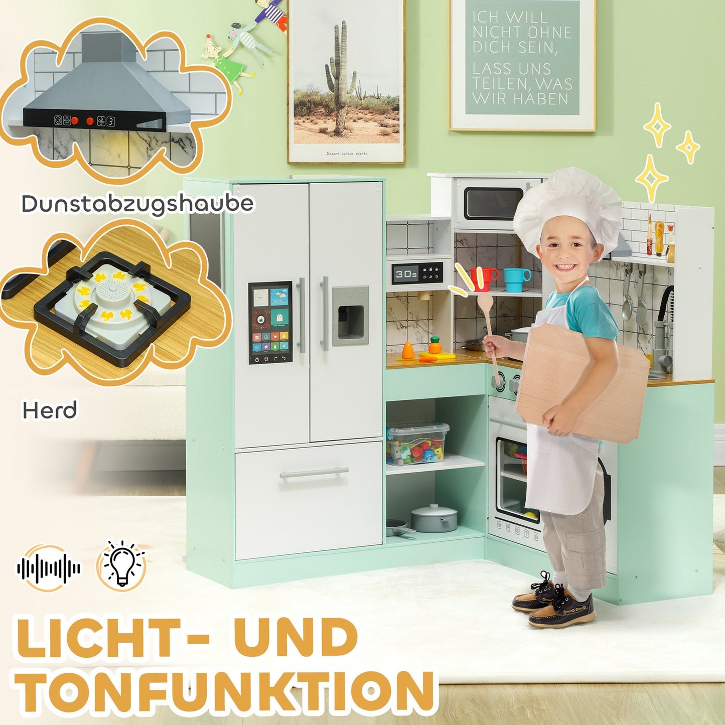Play kitchen for children with blackboard and realistic functions