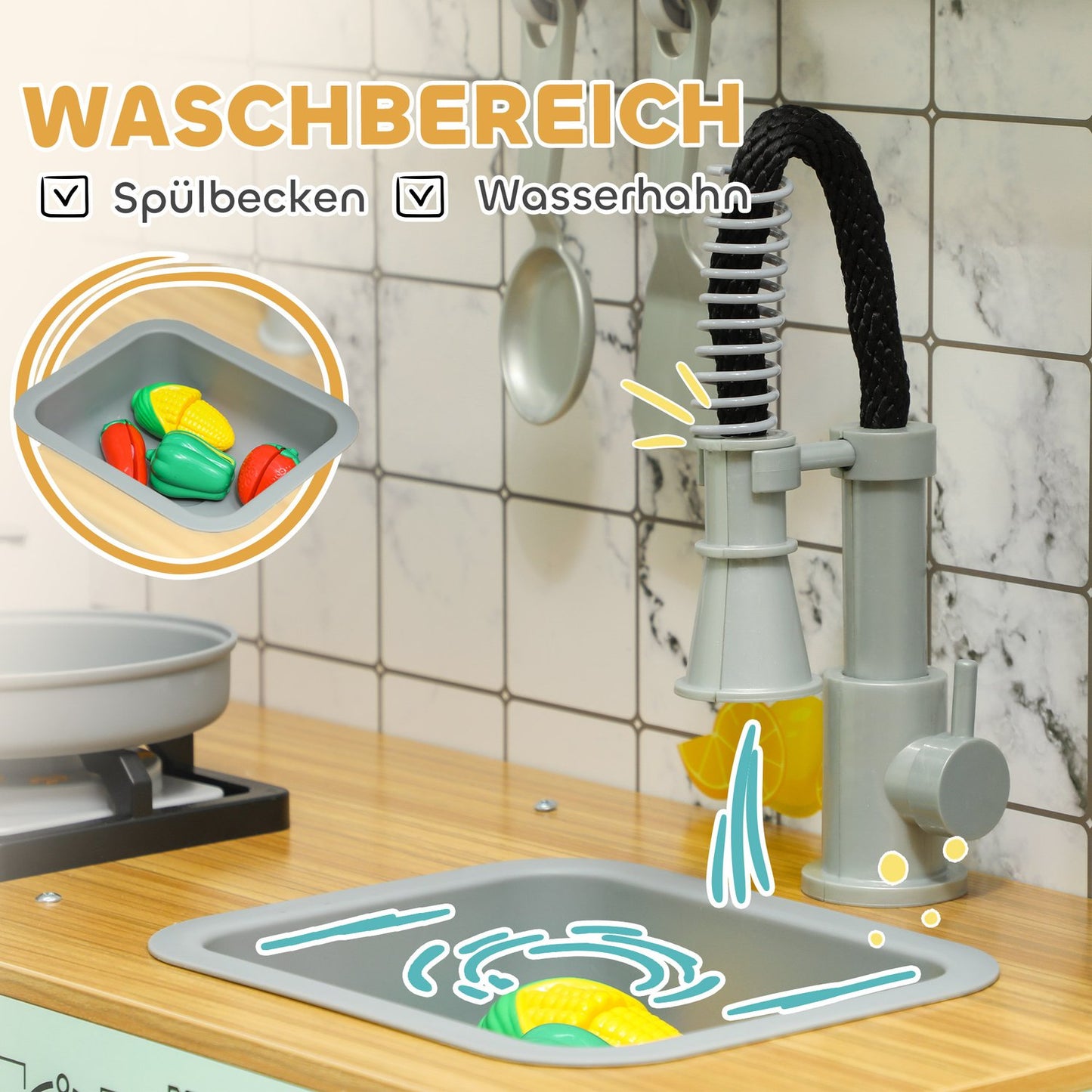 Play kitchen for children with blackboard and realistic functions