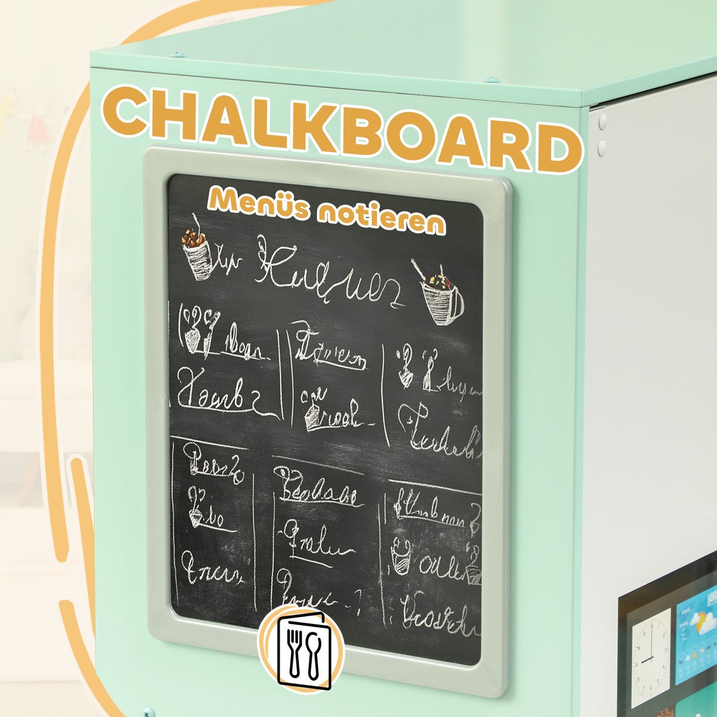 Play kitchen for children with blackboard and realistic functions