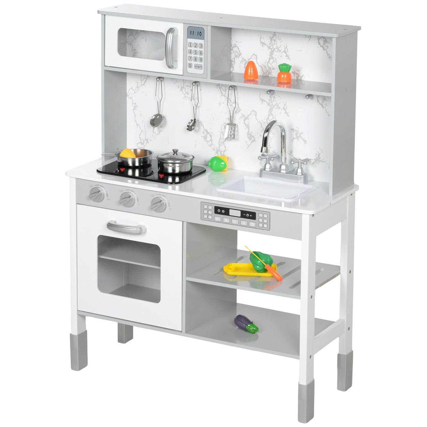 Adjustable play kitchen for children with stove and accessories