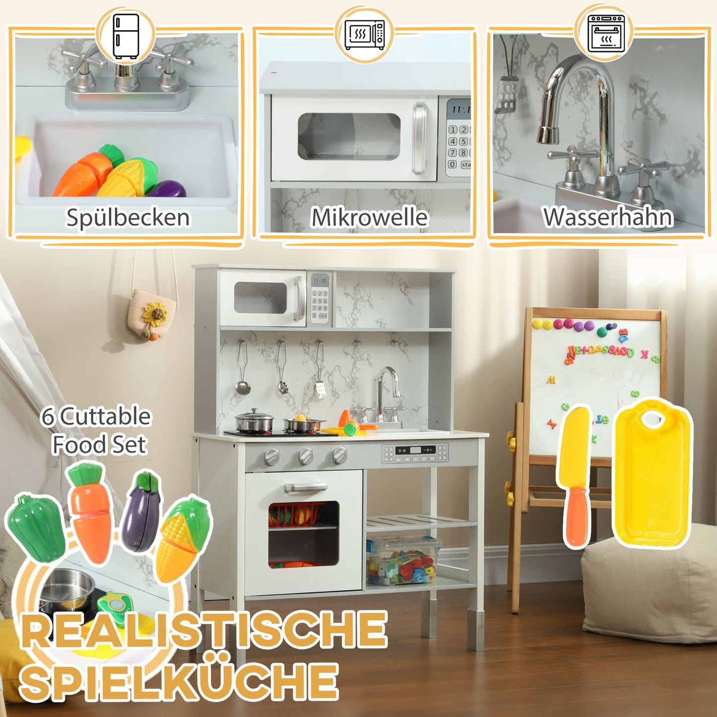 Adjustable play kitchen for children with stove and accessories