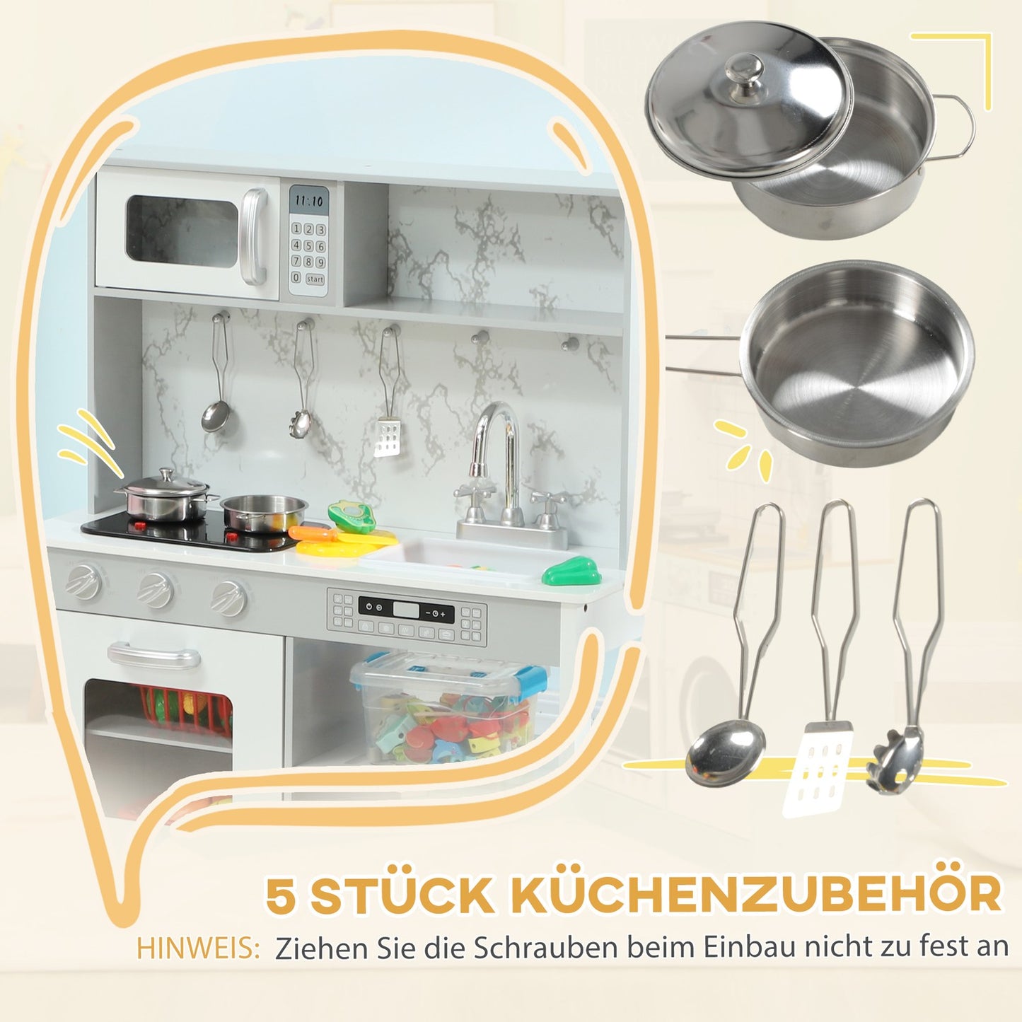 Adjustable play kitchen for children with stove and accessories