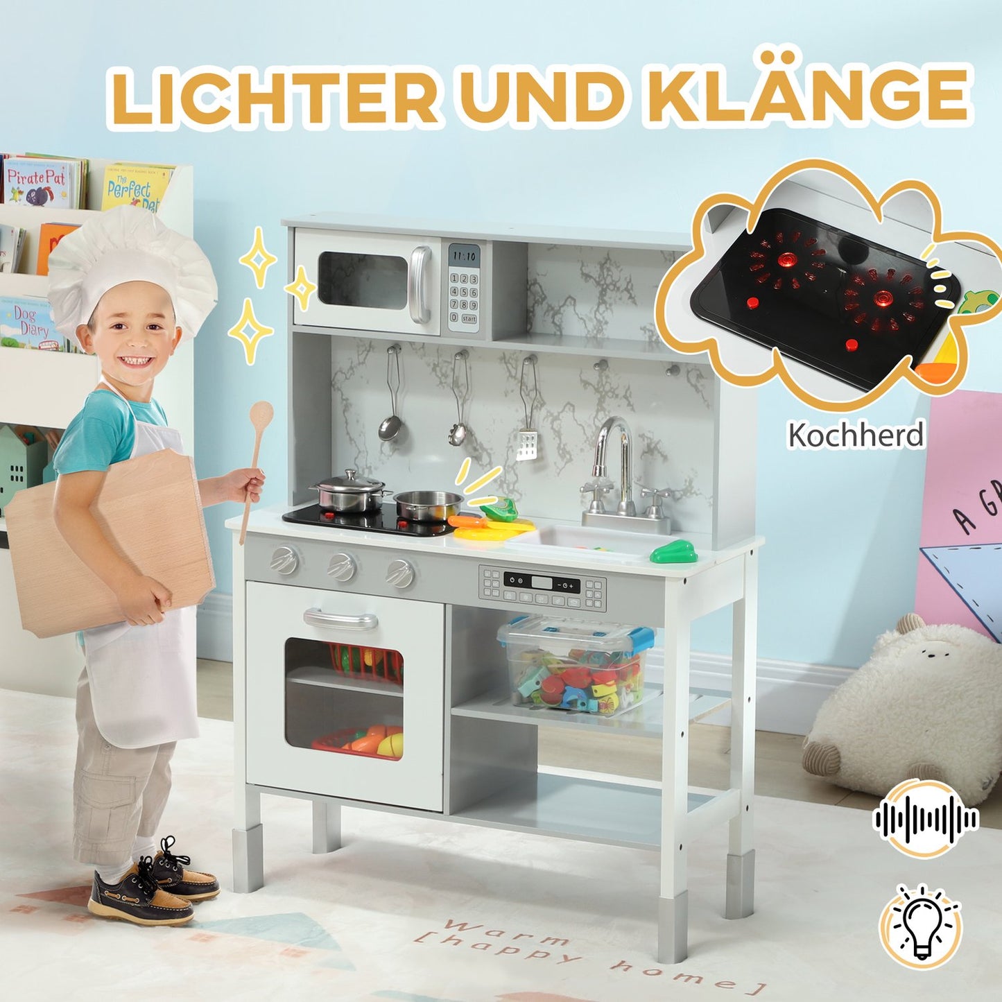 Adjustable play kitchen for children with stove and accessories