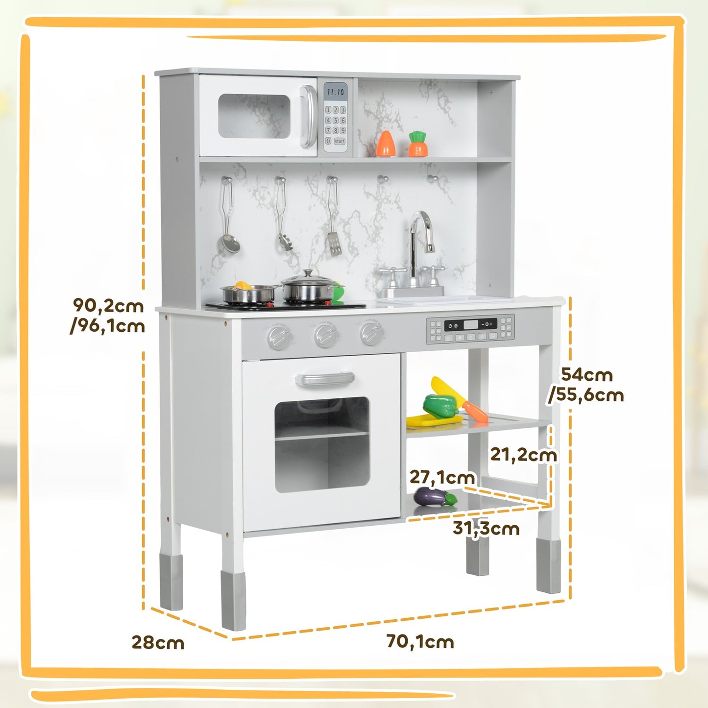 Adjustable play kitchen for children with stove and accessories