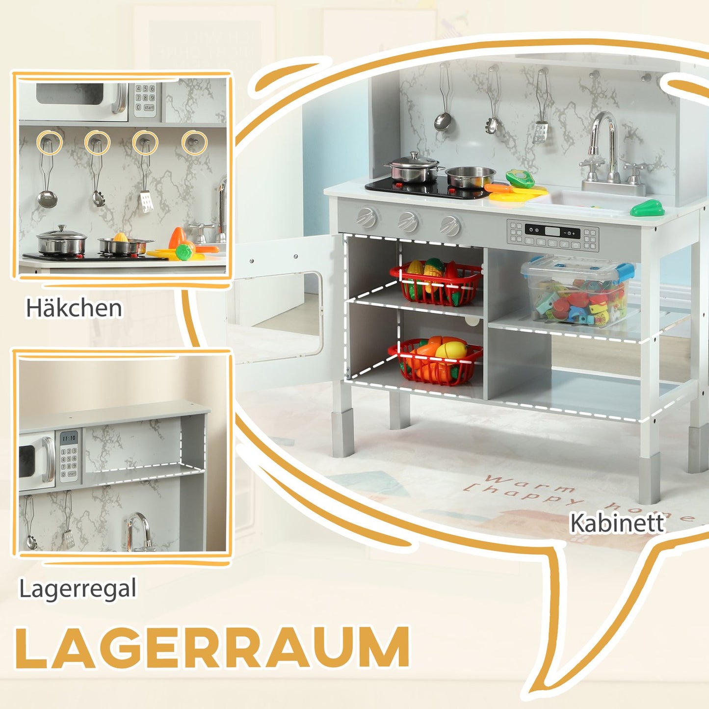 Adjustable play kitchen for children with stove and accessories