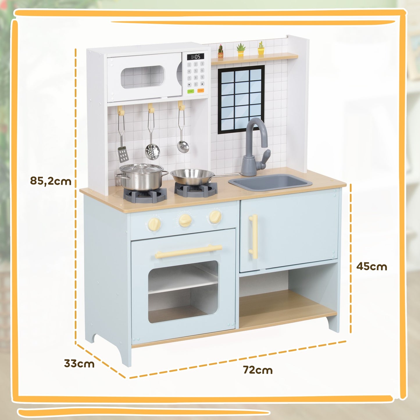 Children's kitchen play set with accessories, blue