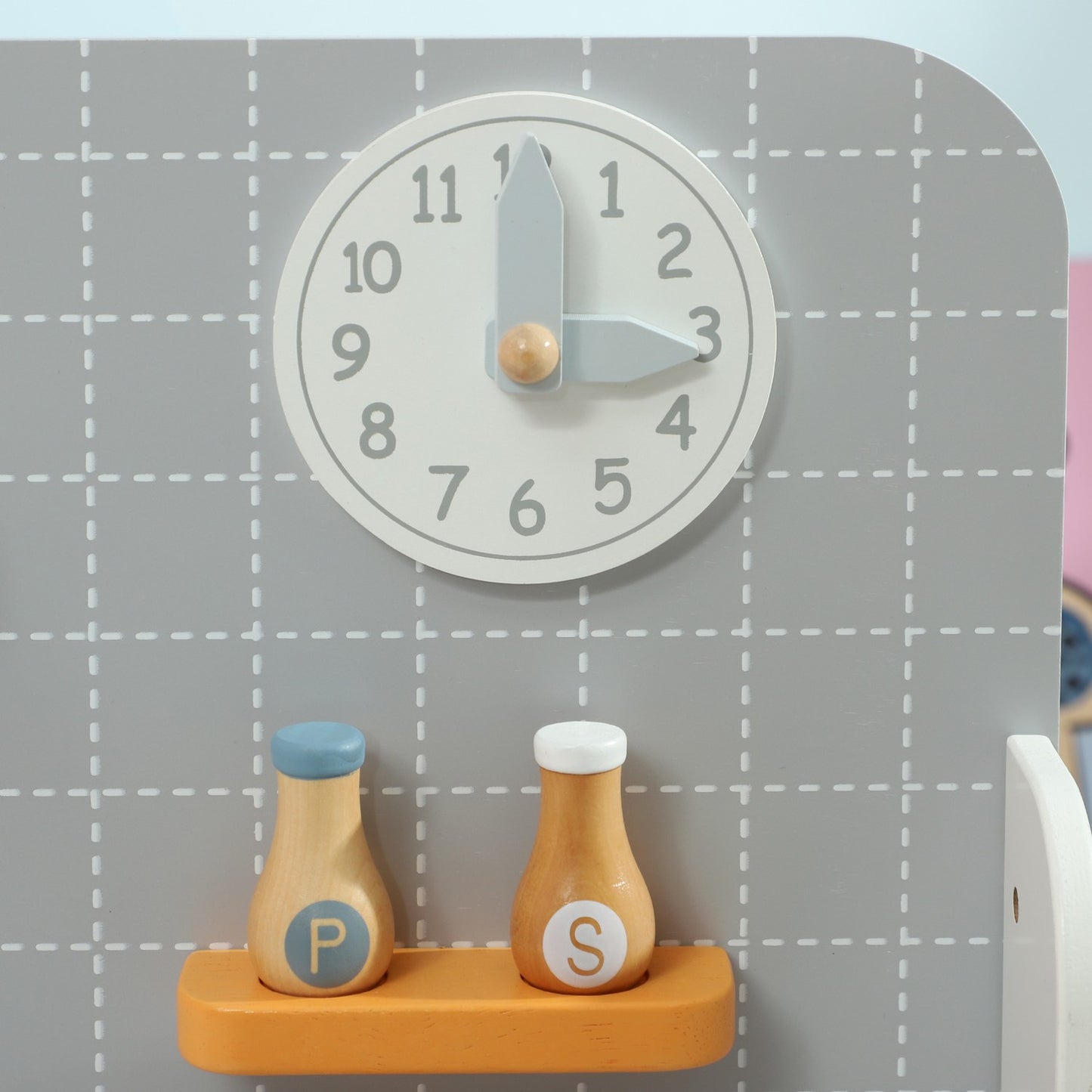 Gray play kitchen set for children with stove, sink and accessories