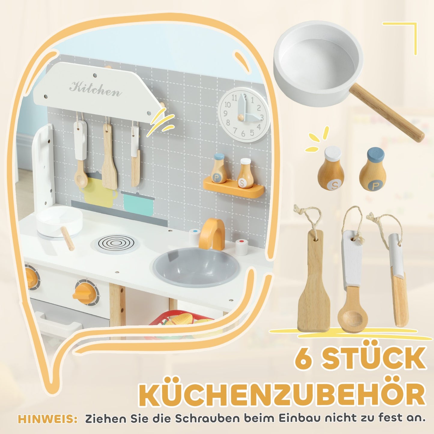 Gray play kitchen set for children with stove, sink and accessories
