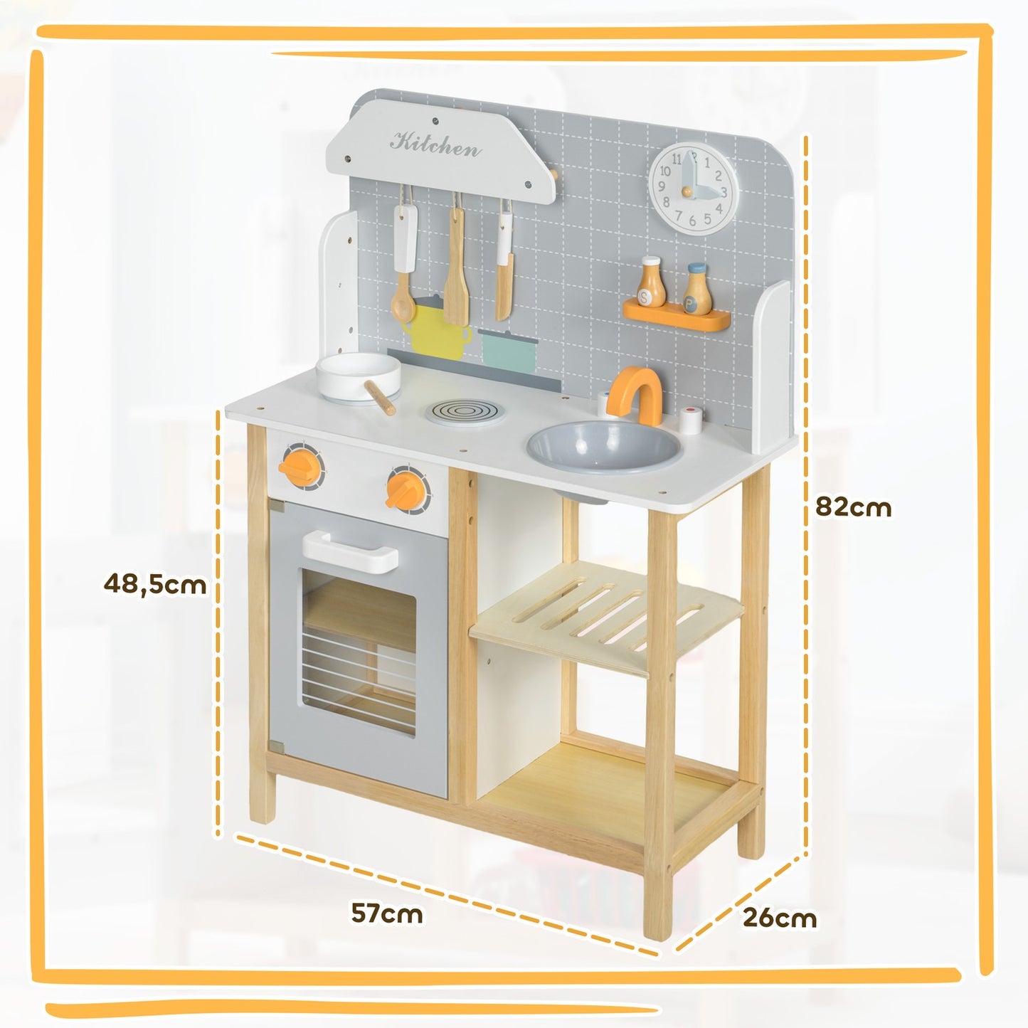 Gray play kitchen set for children with stove, sink and accessories