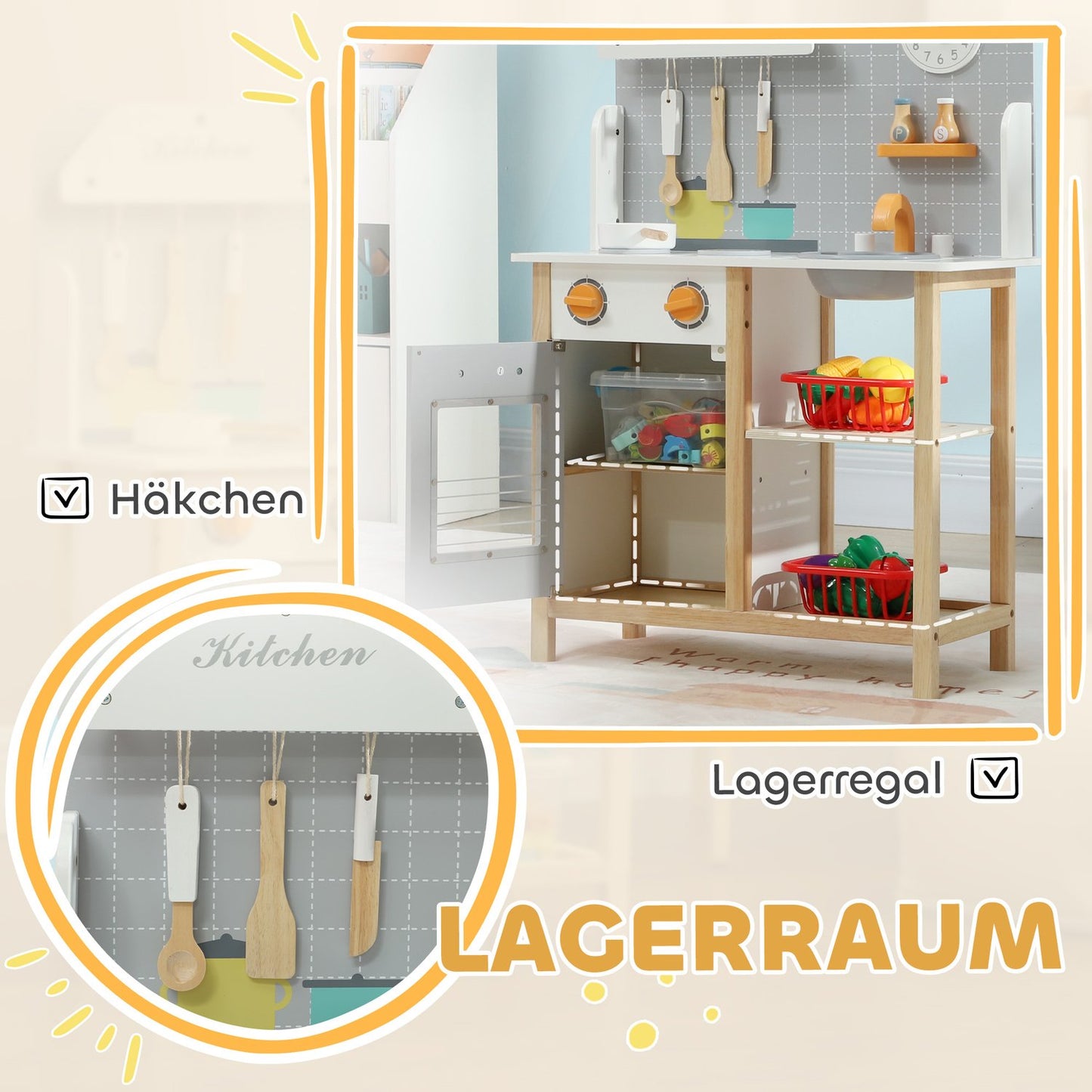 Gray play kitchen set for children with stove, sink and accessories