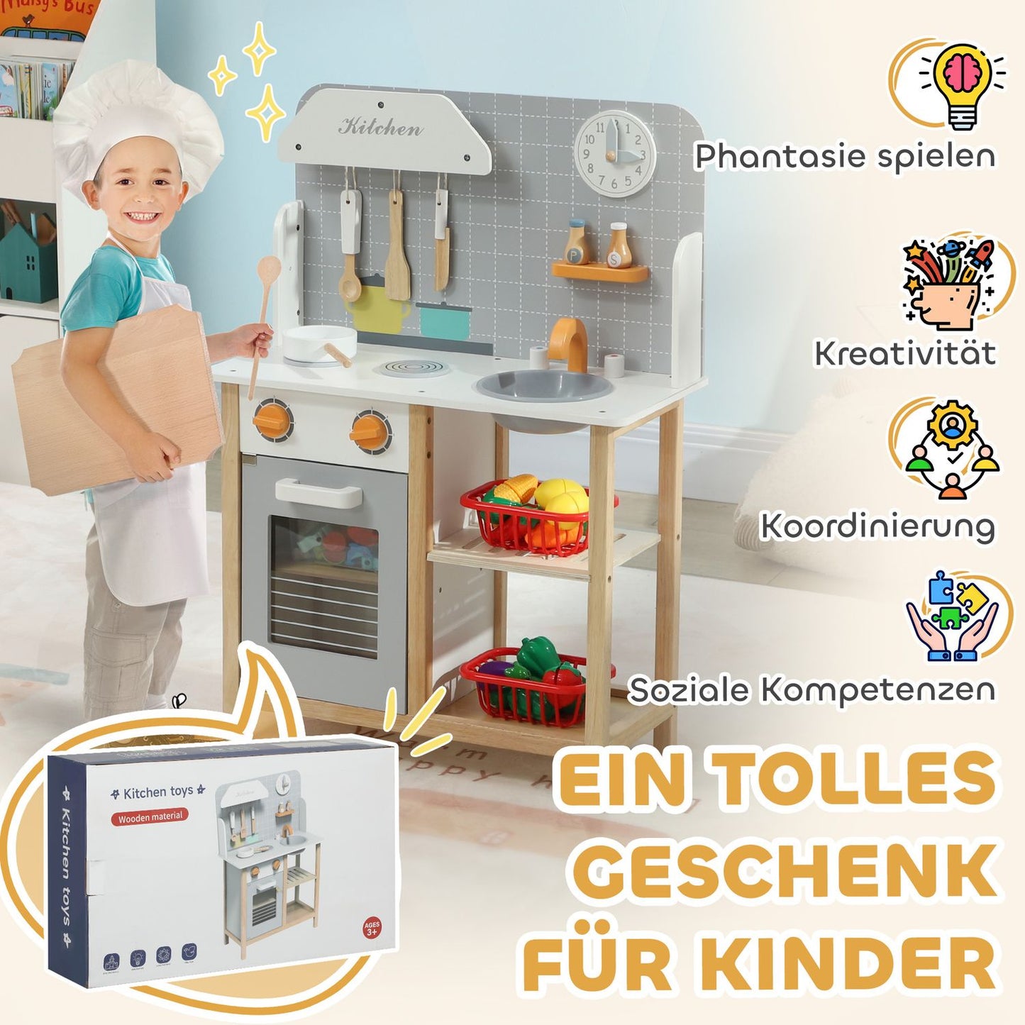 Gray play kitchen set for children with stove, sink and accessories